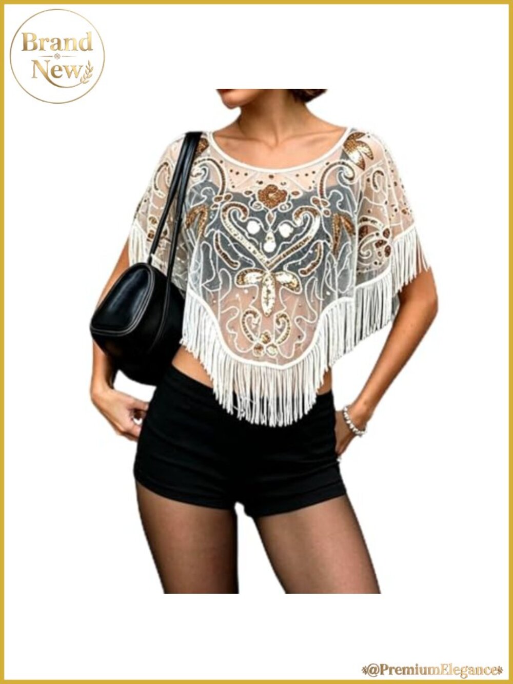 Women's Sheer Mesh Fringe Poncho Cape Top Sequin Embroidered Boho